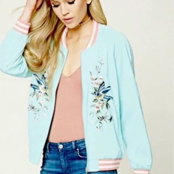Forever 21 Jackets Coats Light Blue Forever Floral Bomber